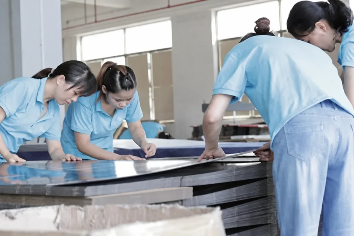 Production team checking and finishing retail display components