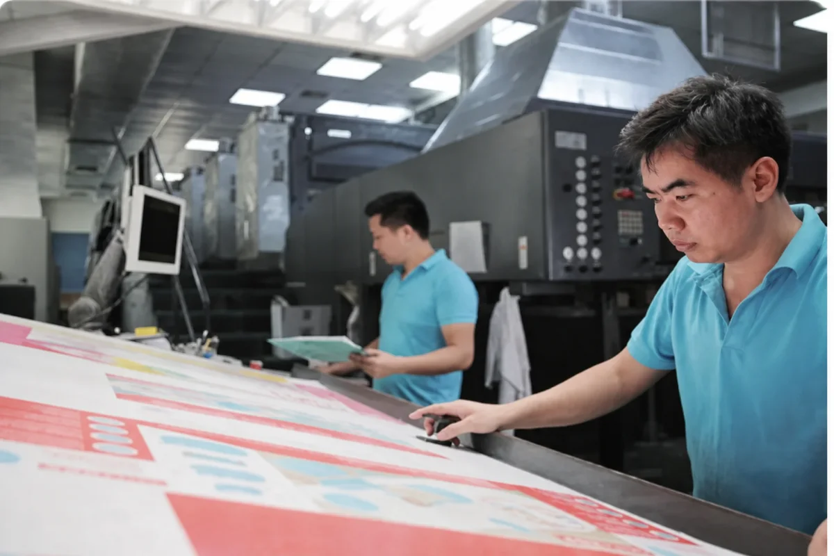 Operators checking a printed retail display sheet at the press