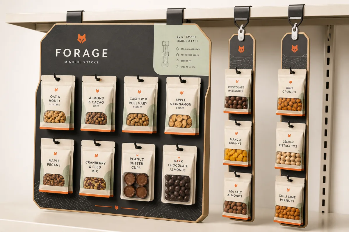 Corrugated hanging display panel and clip strips mounted to a retail shelf