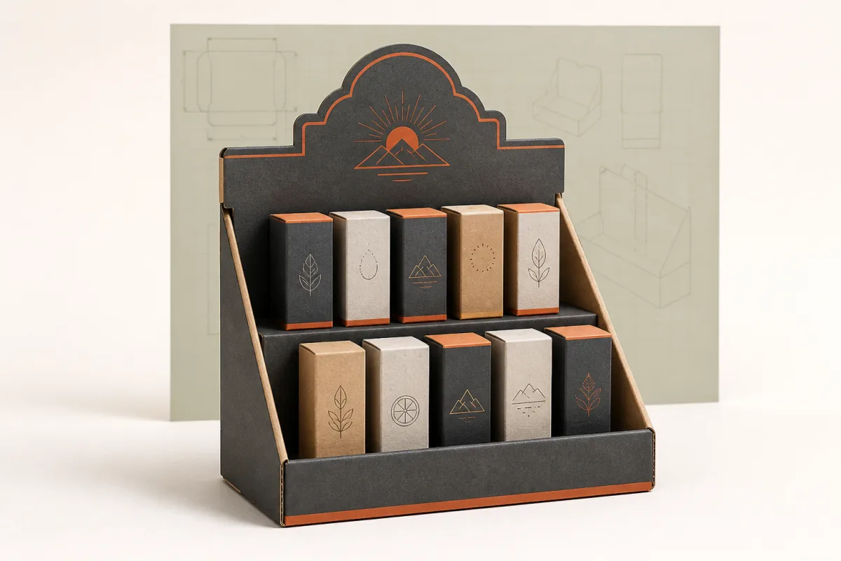 Two-tier corrugated countertop PDQ display holding neutral product cartons