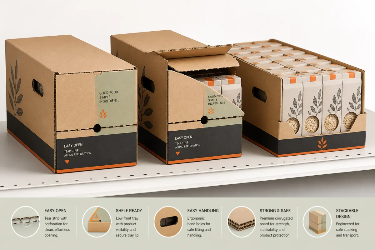 Closed, opening and shelf-ready corrugated retail packaging formats