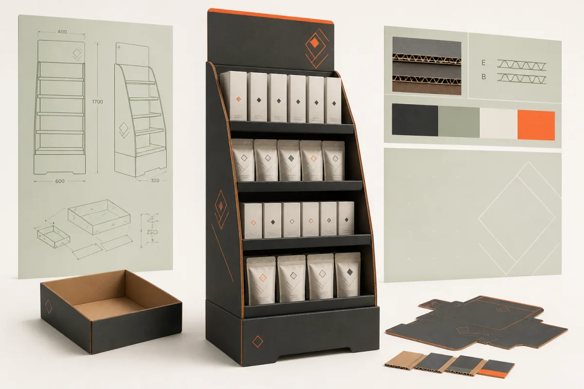 Custom corrugated floor display shown with a PDQ tray, dielines and material samples