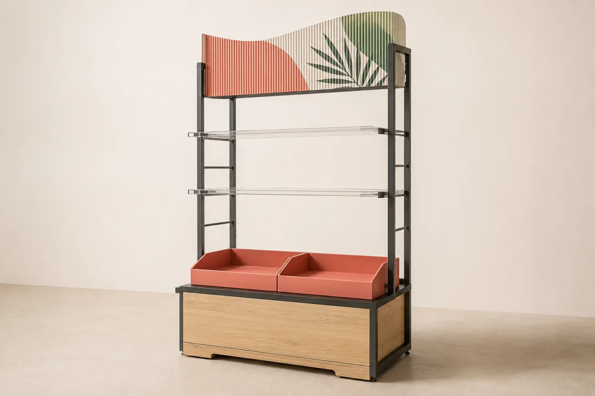 Mixed Material Retail Display shown as a custom retail merchandising structure