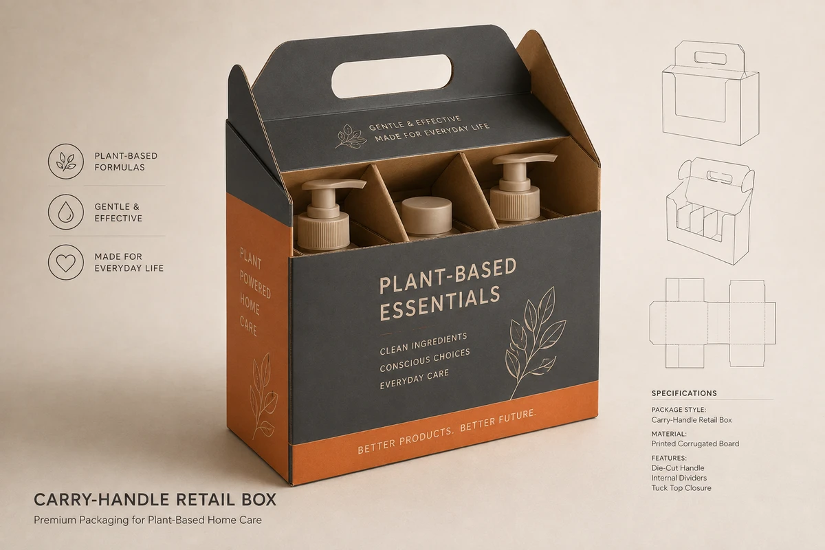Carry-Handle Retail Box shown as a custom retail merchandising structure