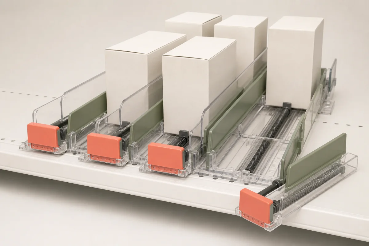 Shelf Pushers shown as a custom retail merchandising structure