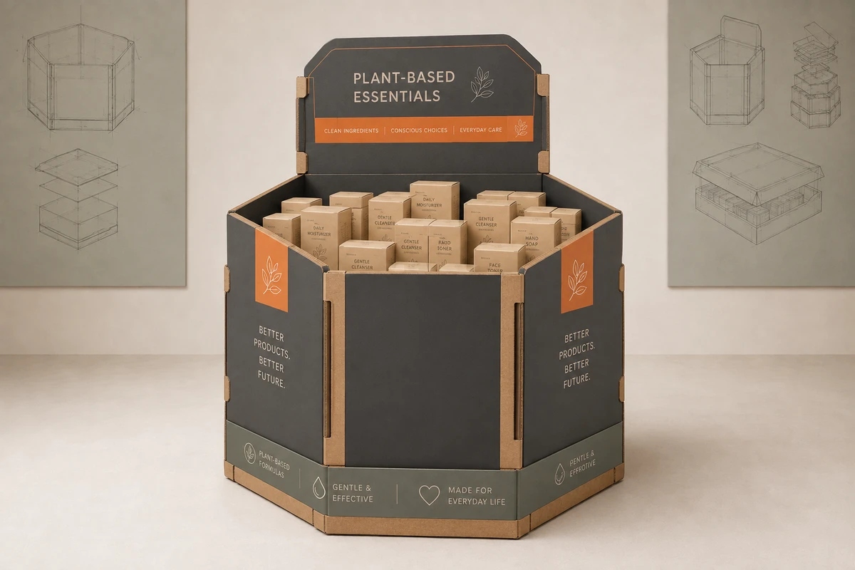 Hexagonal Dump Bin Display shown as a custom retail merchandising structure