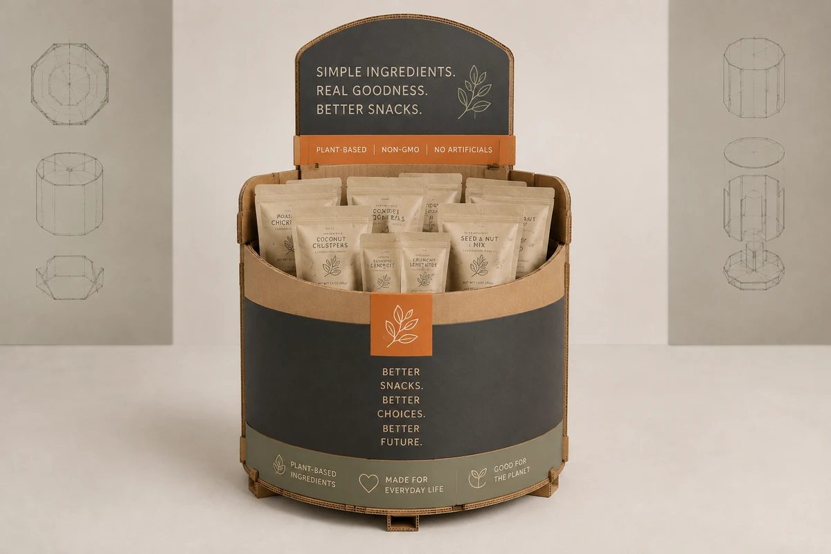 Round Corrugated Dump Bin shown as a custom retail merchandising structure