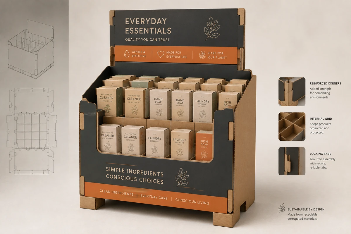 Square Corrugated Dump Bin shown as a custom retail merchandising structure