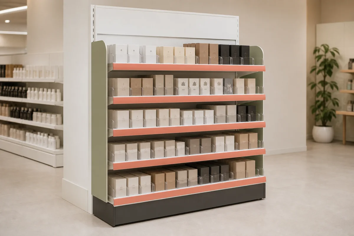 Multi-Shelf Endcap Display shown as a custom retail merchandising structure