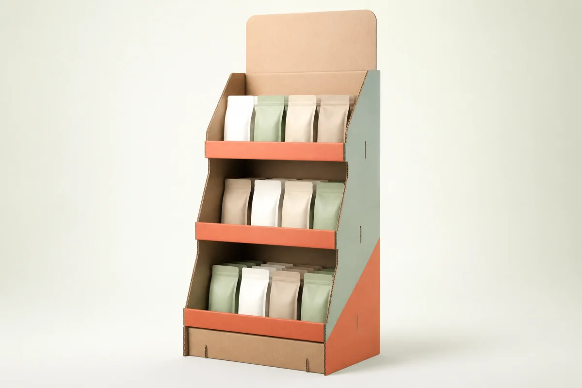 Cardboard Floor Display Stand shown as a custom retail merchandising structure
