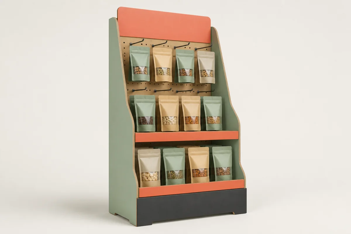Combination Shelf & Hook Display shown as a custom retail merchandising structure