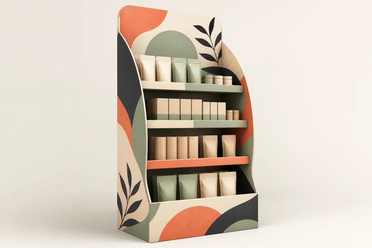 Custom-Shaped Floor Display shown as a custom retail merchandising structure