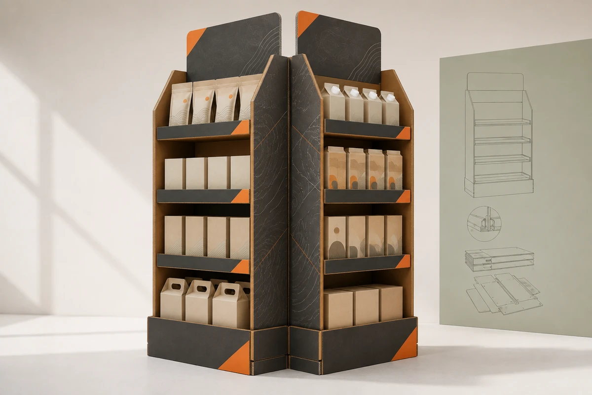 Double-Sided Floor Display shown as a custom retail merchandising structure