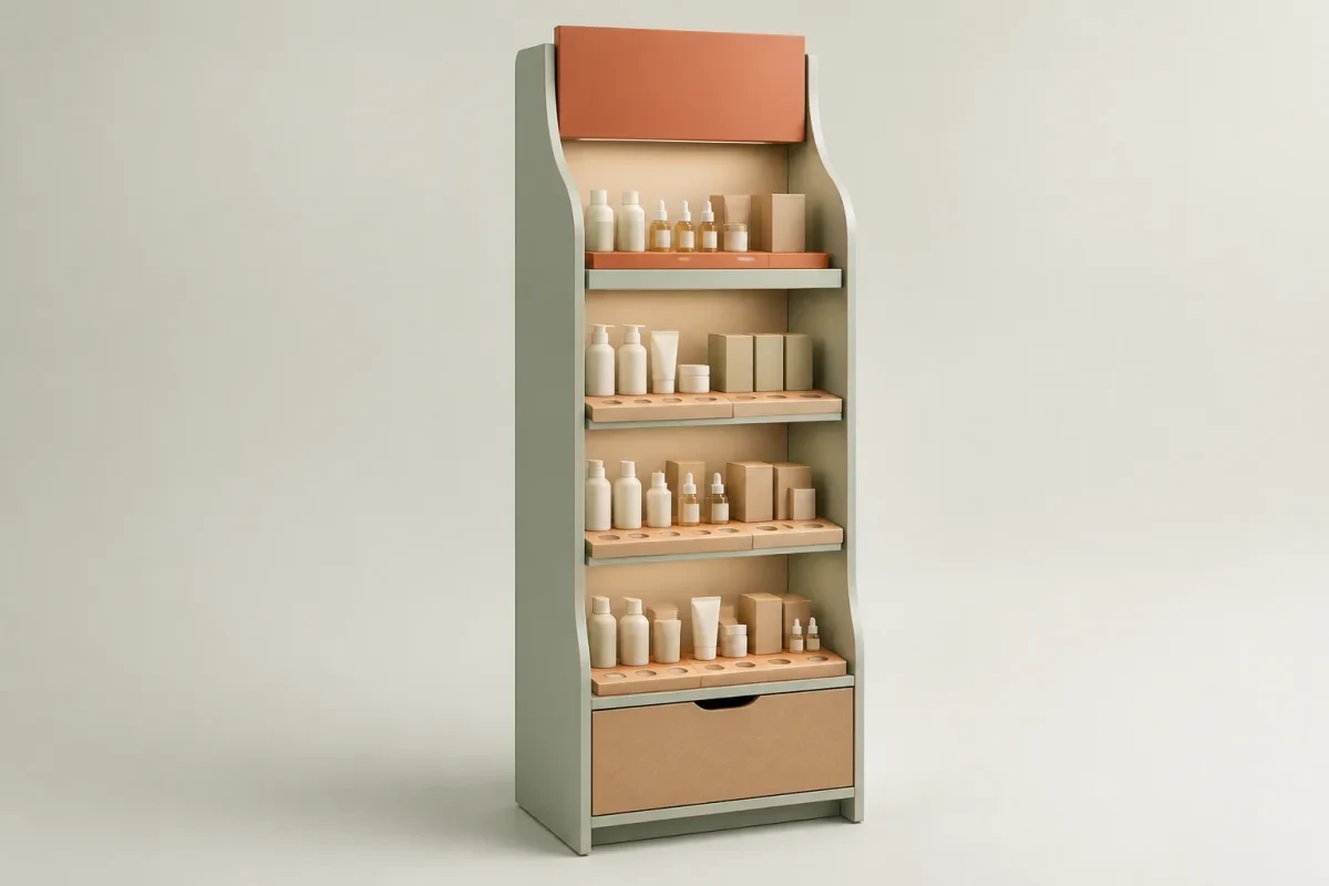 Floor Display with Base Cabinet shown as a custom retail merchandising structure