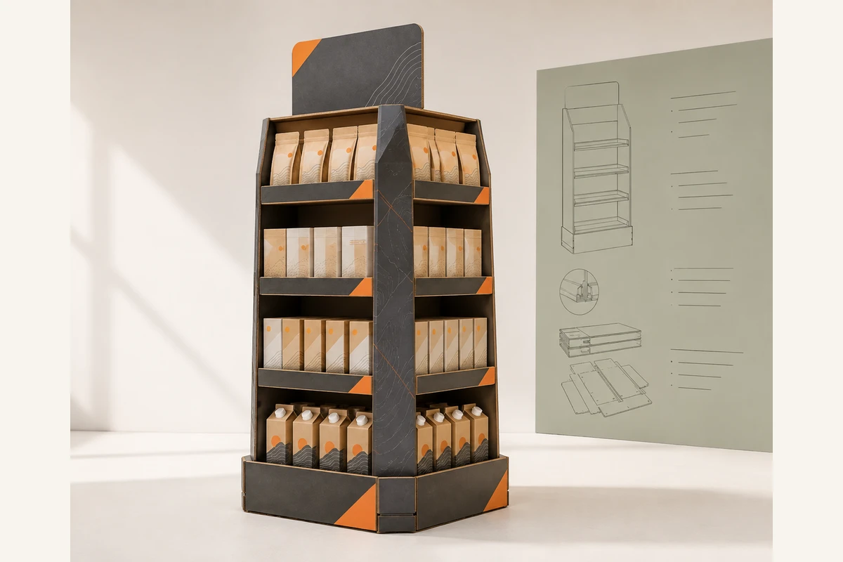 Four-Sided Floor Display shown as a custom retail merchandising structure