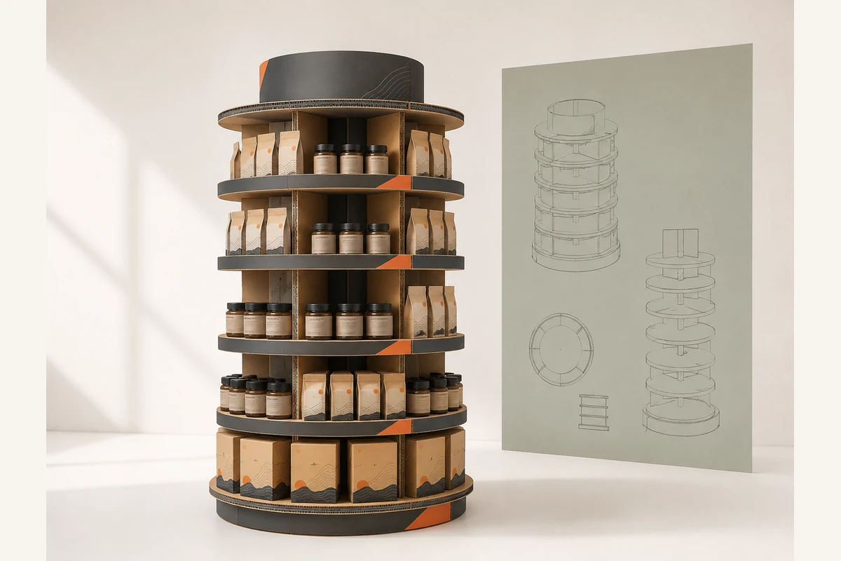 Round Display Tower shown as a custom retail merchandising structure