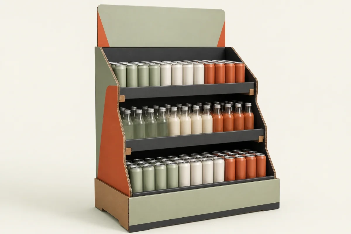 Stepped Floor Display shown as a custom retail merchandising structure