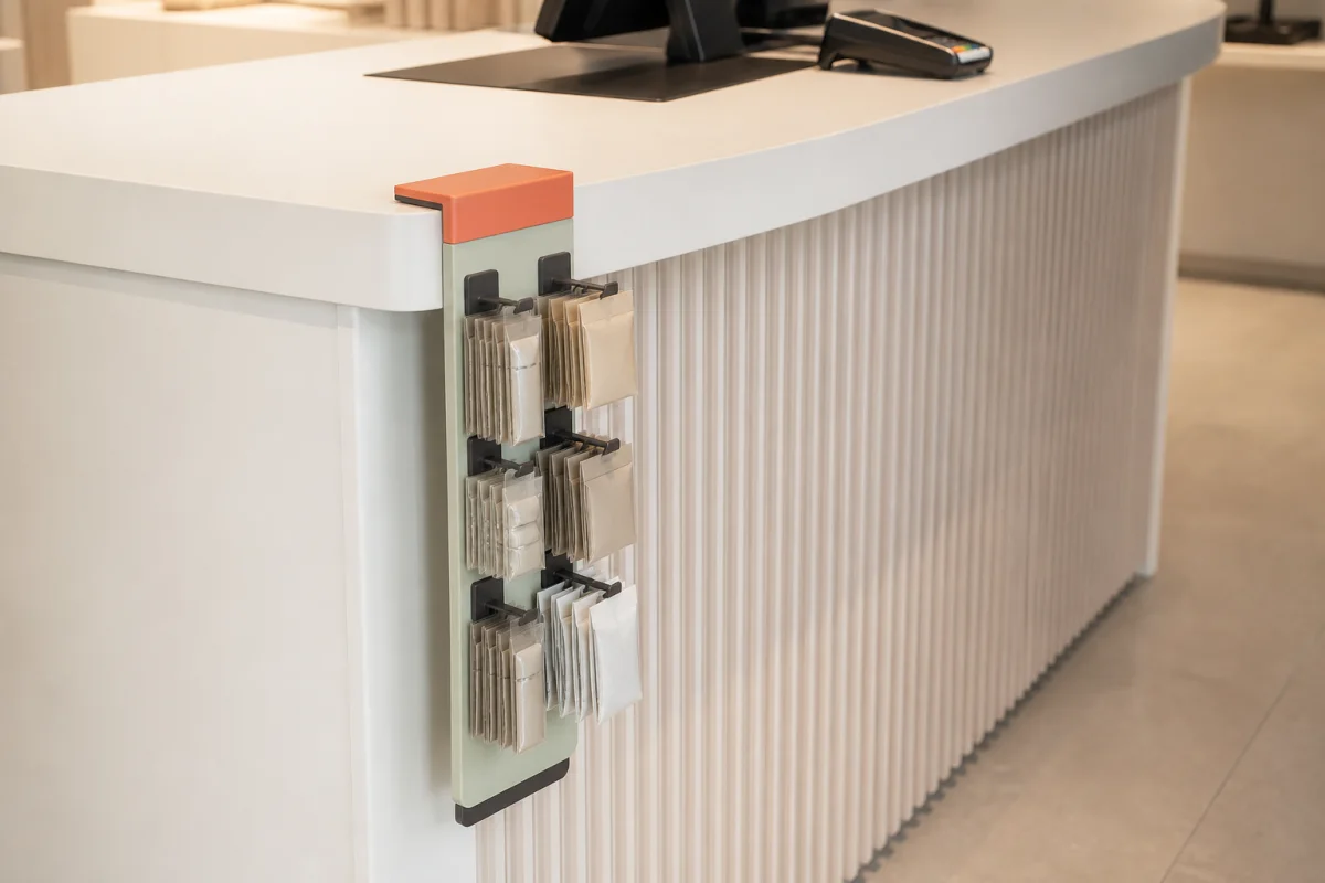 Checkout Clip Strip shown as a custom retail merchandising structure