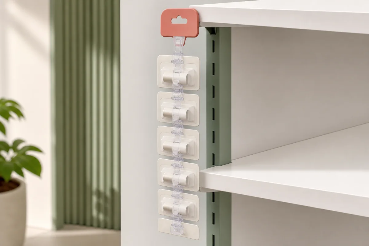 Hanging Merchandising Strip shown as a custom retail merchandising structure