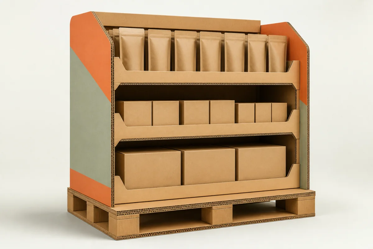 Corrugated Pallet Display shown as a custom retail merchandising structure