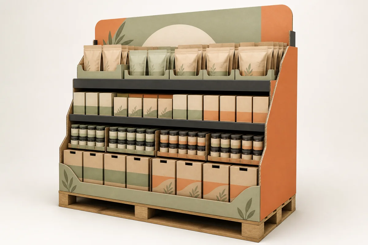 Product-Loaded Pallet Display shown as a custom retail merchandising structure