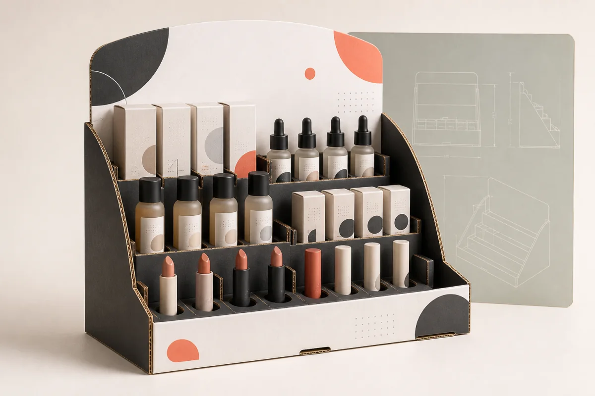 Cosmetics PDQ Display shown as a custom retail merchandising structure