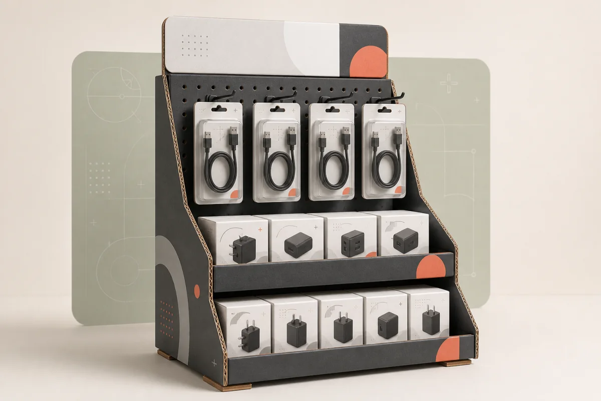 Electronics Accessories PDQ Display shown as a custom retail merchandising structure