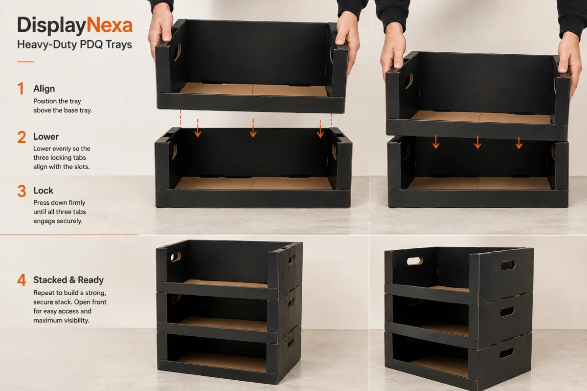 Four-step stacking sequence for aligning and locking a heavy-duty PDQ tray