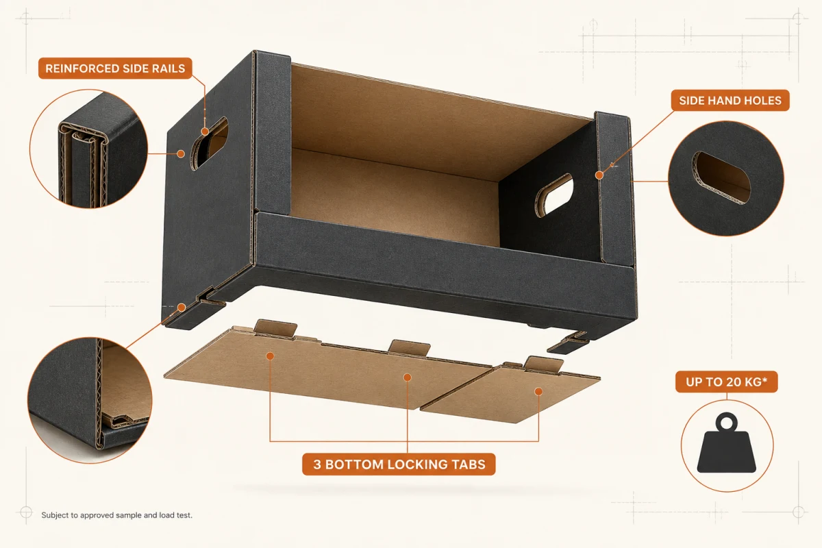 Exploded technical view of a heavy-duty stackable PDQ tray with reinforced side rails, hand holes and three locking tabs