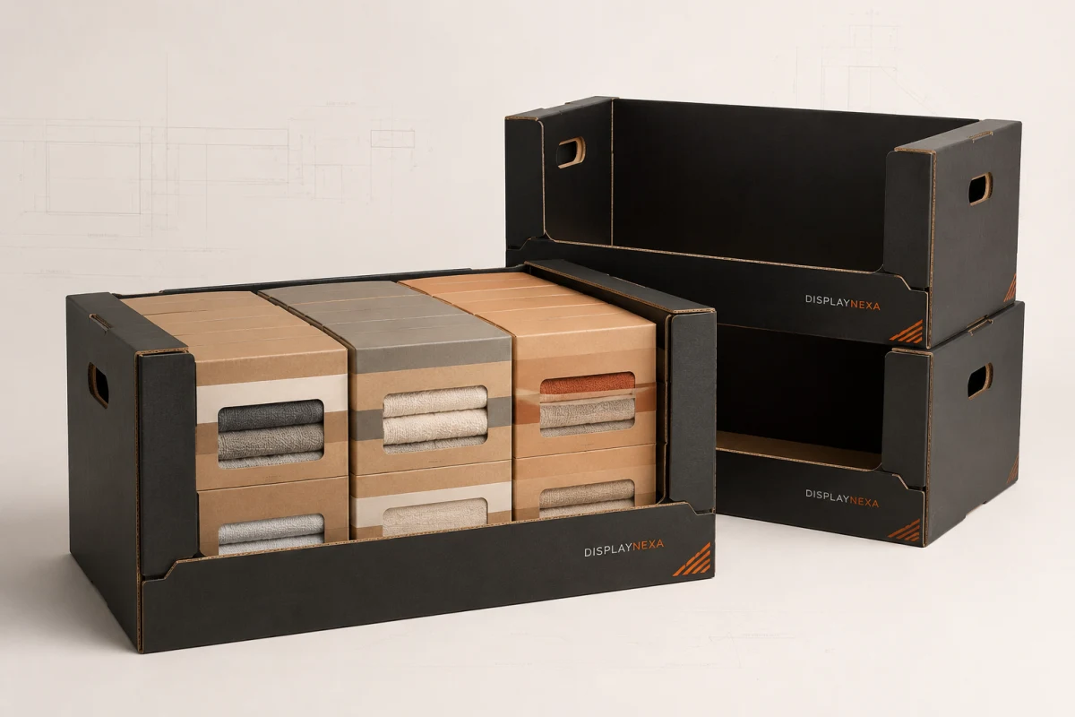 Heavy-Duty Stackable PDQ Tray shown as a custom retail merchandising structure