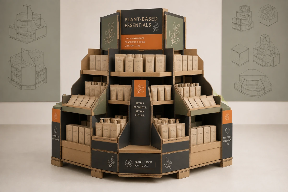 Creative-Shaped Retail Island Display shown as a custom retail merchandising structure